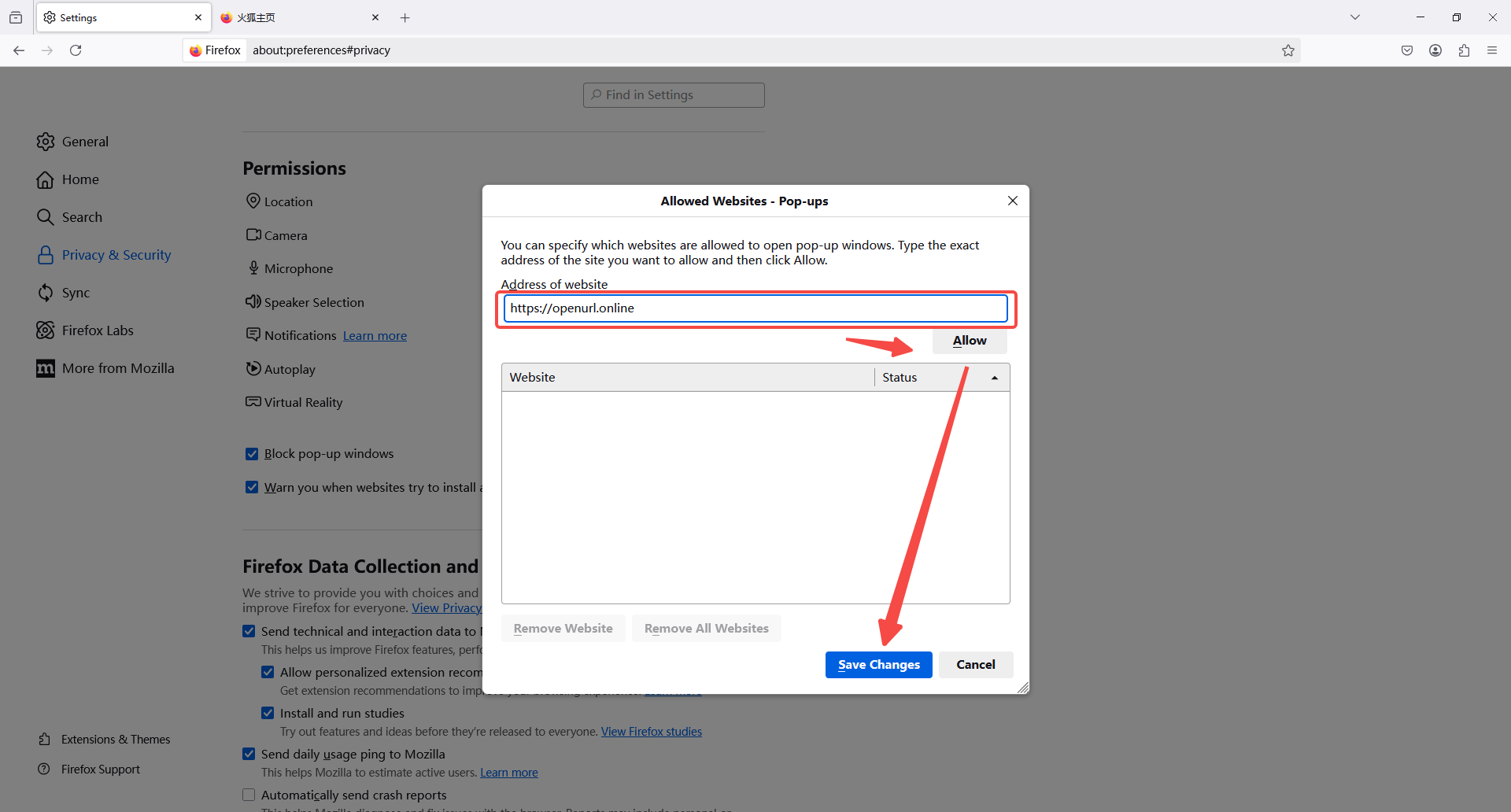 Firefox Pop-up Settings Interface